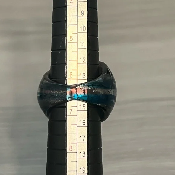 Vintage Glass Ring with Silver and Teal Stripes, Size 6.5, Boho - Picture 4 of 4